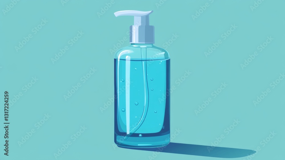 Fototapeta premium Minimalist blue liquid soap dispenser on teal background for personal care and hygiene concepts