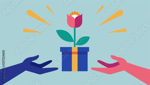 Reciprocity An illustration of two hands one giving a gift like a flower to the other symbolizing the act of giving and receiving. Light rays can emanate from the gift to depict