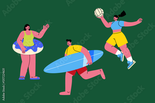 People enjoying summer activities at the beach: playing volleyball, carrying a surfboard, and swimming with an inflatable ring. Perfect for vacation, sports, recreation, and holiday designs.