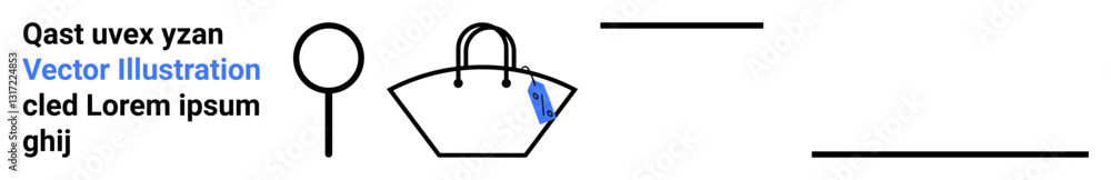 Handbag sketch with simple lines, magnifying glass, and abstract accents in blue. Ideal for fashion, shopping, branding, design, e-commerce, minimalist art flat landing page banner Handbag sketch with simple lines, magnifying glass, and abstract accents in blue. Ideal for fashion, shopping, branding, design, e-commerce, minimalist art flat landing page banner