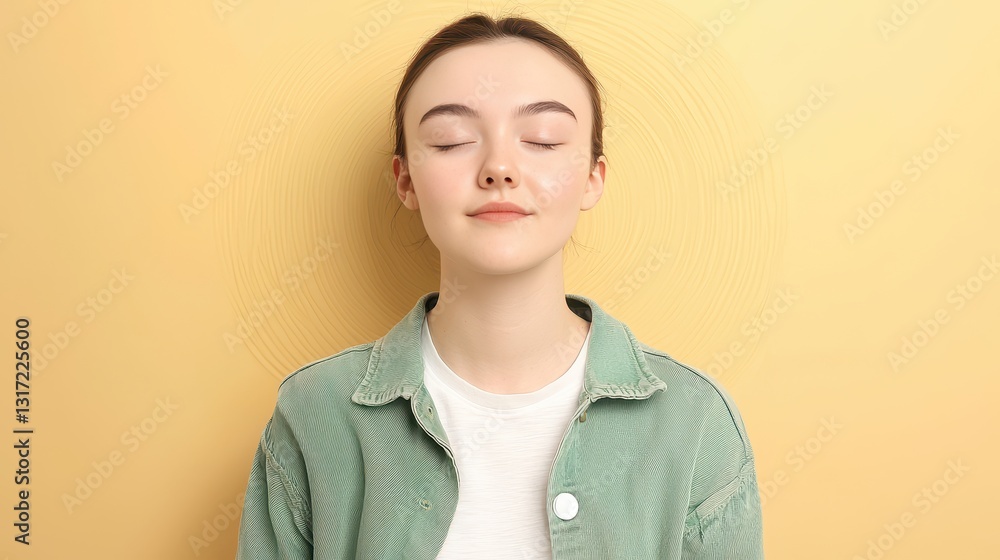 Obraz premium Serene Portrait of a Young Woman Meditating Against a Yellow Background with a Calm and Peaceful Expression