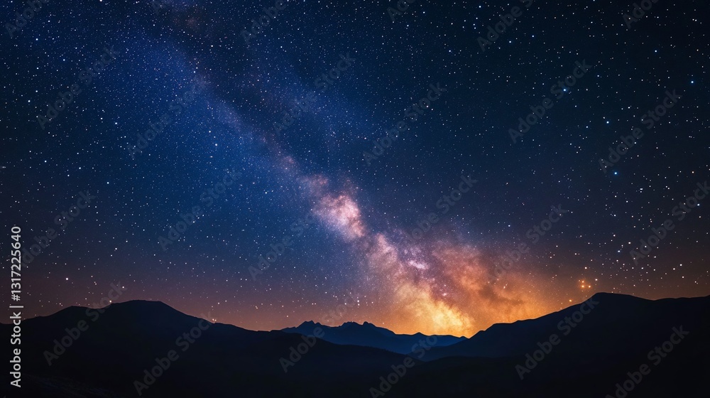 Naklejka premium Majestic Night Sky over Silhouetted Mountains: A Breathtaking Celestial Panorama