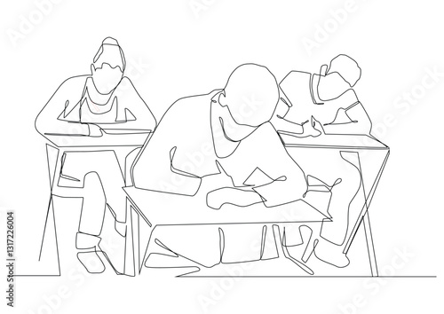 Continuous one line art of students are sitting at their desks for the exam,  offline learning concept, students adolescents without masks complete assignment or take lecture notes.