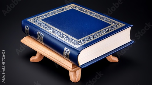 Ornate Navy Blue Leather Bound Book on Wooden Stand