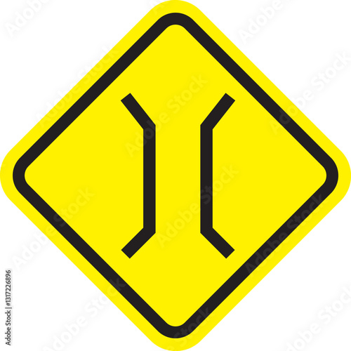 An illustration of a yellow diamond-shaped sign with a black border indicating a bridge, warning of a bridge ahead