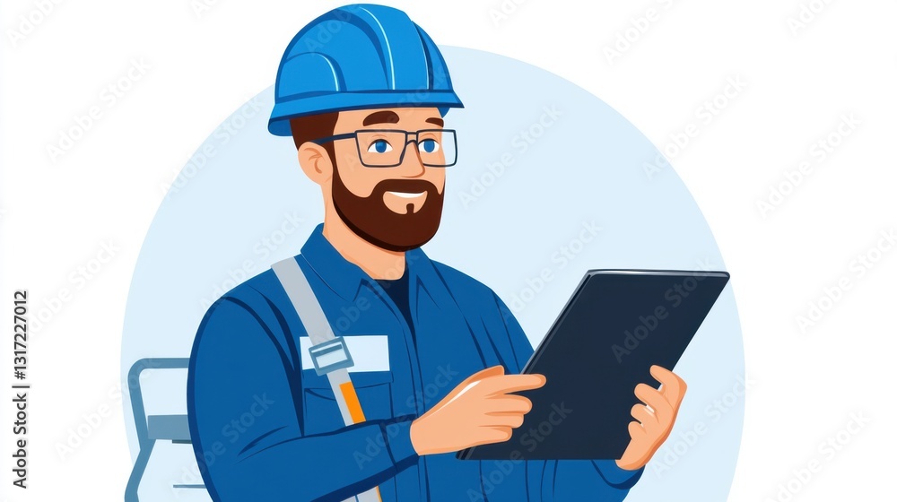Professional Construction Worker with Hard Hat Using Tablet for Project Planning and Management Professional Construction Worker with Hard Hat Using Tablet for Project Planning and Management