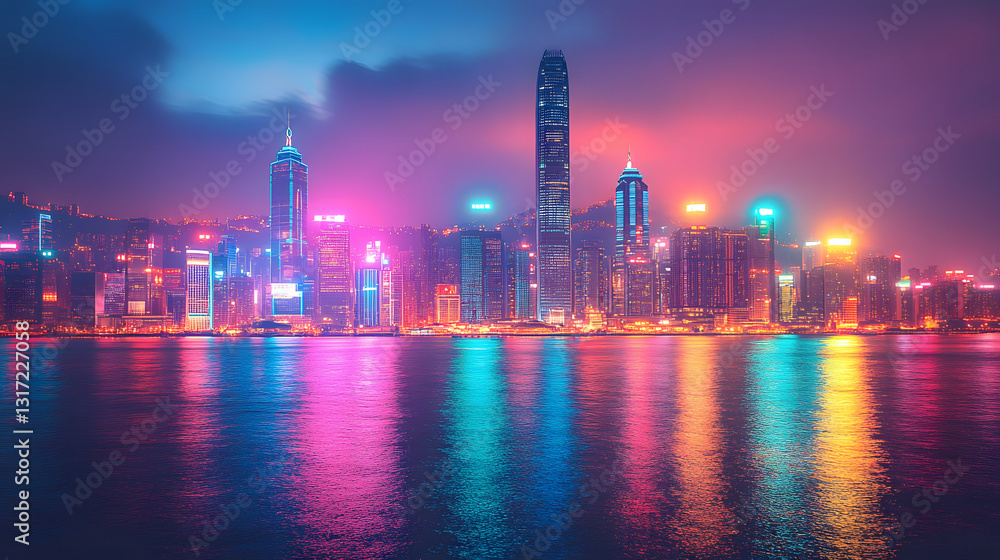 Fototapeta premium City Lights Reflect: A mesmerizing cityscape at dusk, with vibrant neon lights reflecting in the tranquil water, painting a scene of modern urban life and technological grandeur.