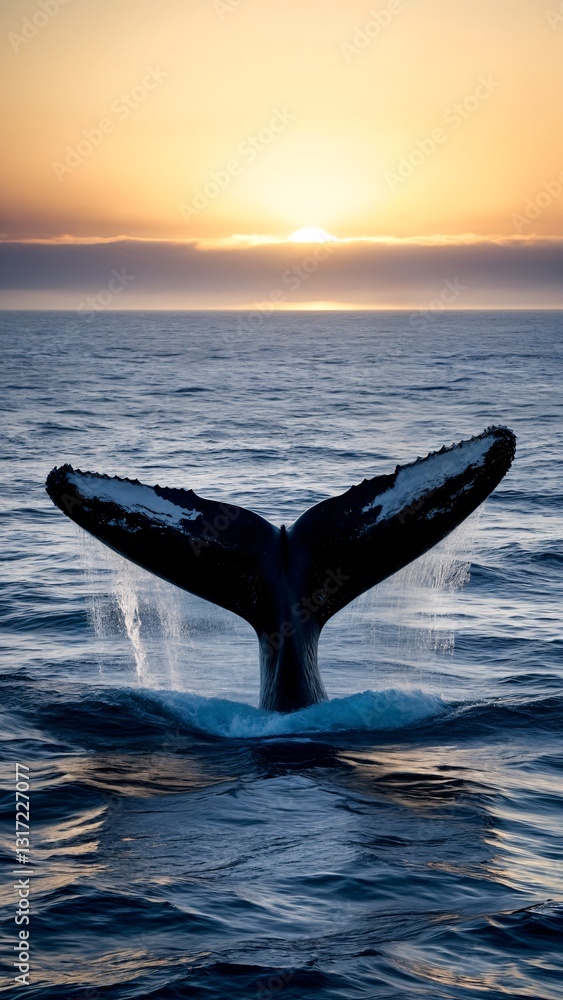 Fototapeta premium A whale tail flups out of the water at sunset.