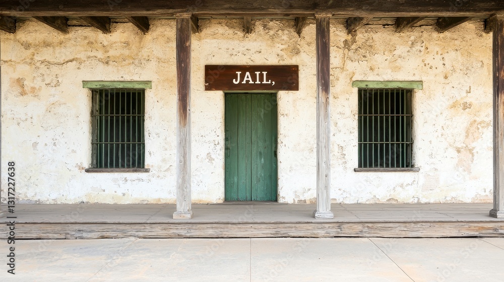 Naklejka premium Historical Jail Building with Green Door and Bars on Windows