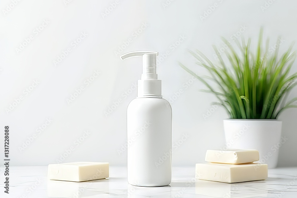 Simple White Pump Dispenser Bottle and Soap Bars on Marble Simple White Pump Dispenser Bottle and Soap Bars on Marble