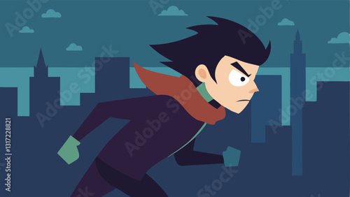 Suspect in Motion A closeup of the suspect with a distinct outfit and determined expression running away with the cityscape blurred in the background to emphasize speed.
