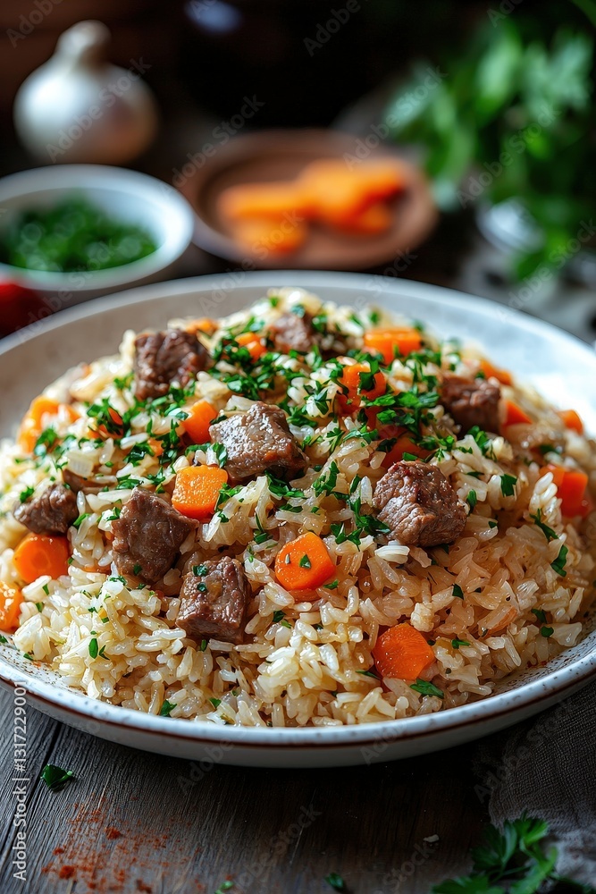 Flavorful Plov with Meat, Carrots, and Onions in Russia Flavorful Plov with Meat, Carrots, and Onions in Russia