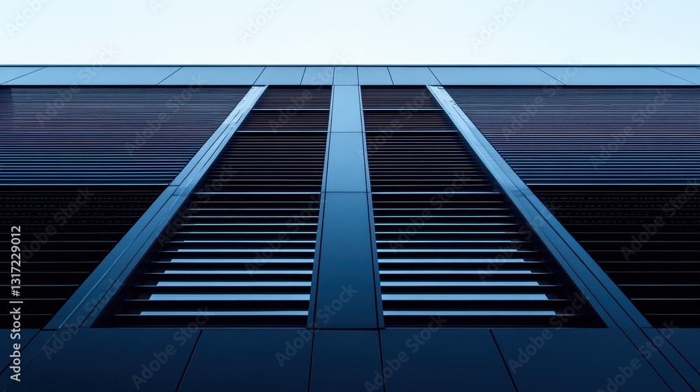 Obraz premium Dynamic Architectural Close-Up of Modern Building Facade with Horizontal Slats and Dark Color Palette
