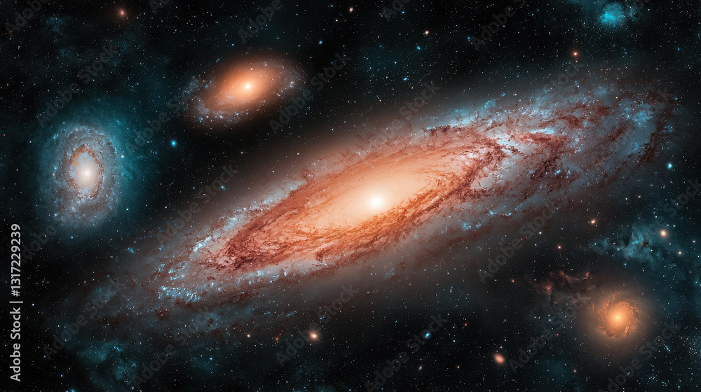 Fototapeta premium stunning view of galaxy cluster featuring bright celestial bodies and swirling cosmic dust