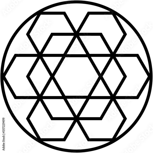 Symmetrical arrangement of hexagons and triangles contained within a perfect circle. Black lines form the shapes against clean background, creating visual geometric abstract.