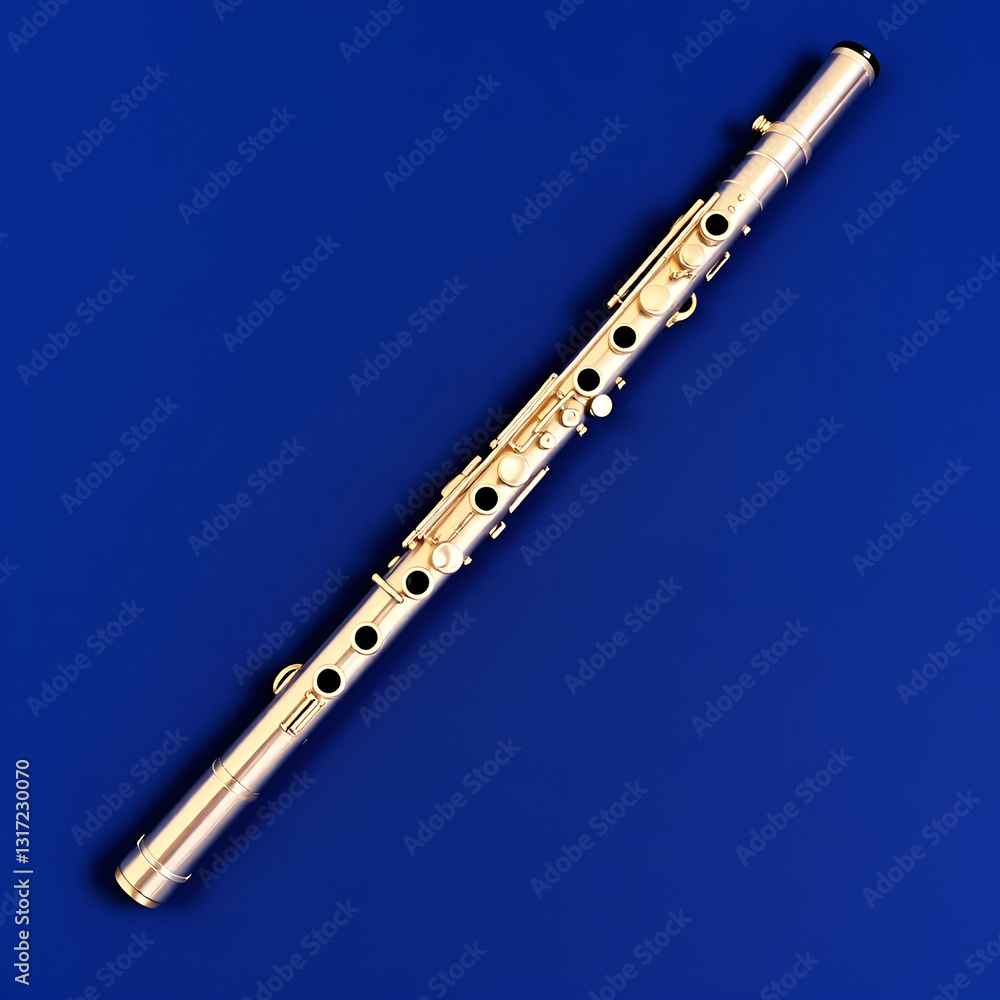 Naklejka premium Silver flute on dark blue fabric background