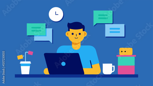 Task Management A busy individual at a desk asking their voice assistant to set reminders and make a shopping list with sticky notes and a laptop around.