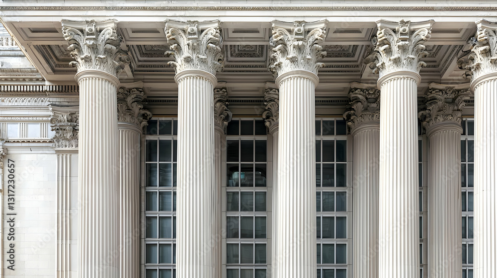 Fototapeta premium Classical Ornate Stone Columns And Windows Facade Details Grand Building Exterior Daytime Architectural Photography Urban City