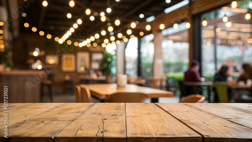 Wallpaper Mural Empty wooden table in a cozy cafe with bokeh background. Torontodigital.ca