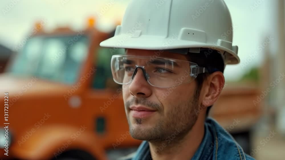 Construction worker assesses project site while wearing safety gear Construction worker assesses project site while wearing safety gear