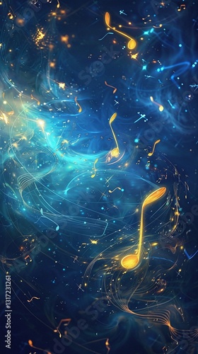 Christmas musical card. Musical notes and fir trees silver glitter texture on blue snowy background with copy space. Vertical image.