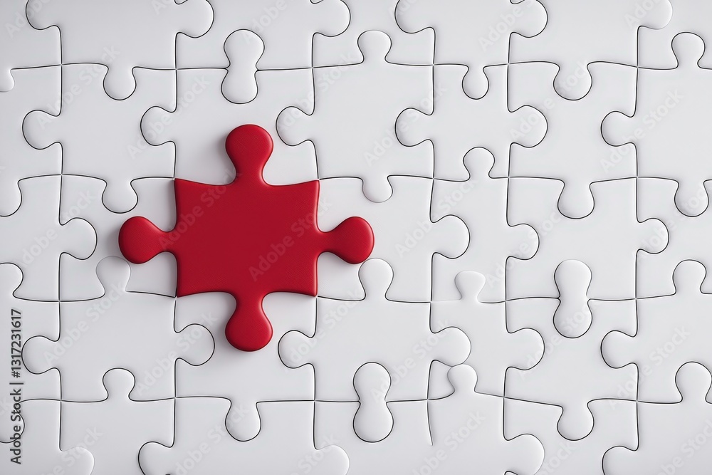 A single red puzzle piece stands out among white puzzle pieces. A single red puzzle piece stands out among white puzzle pieces.