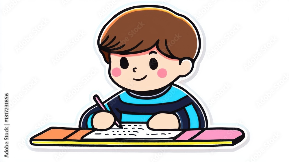 Cute cartoon boy writing in notebook with colorful background, educational illustration for children Cute cartoon boy writing in notebook with colorful background, educational illustration for children