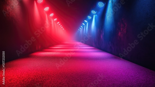 A vibrant stage setup featuring a red carpet leading to a bright focal point,