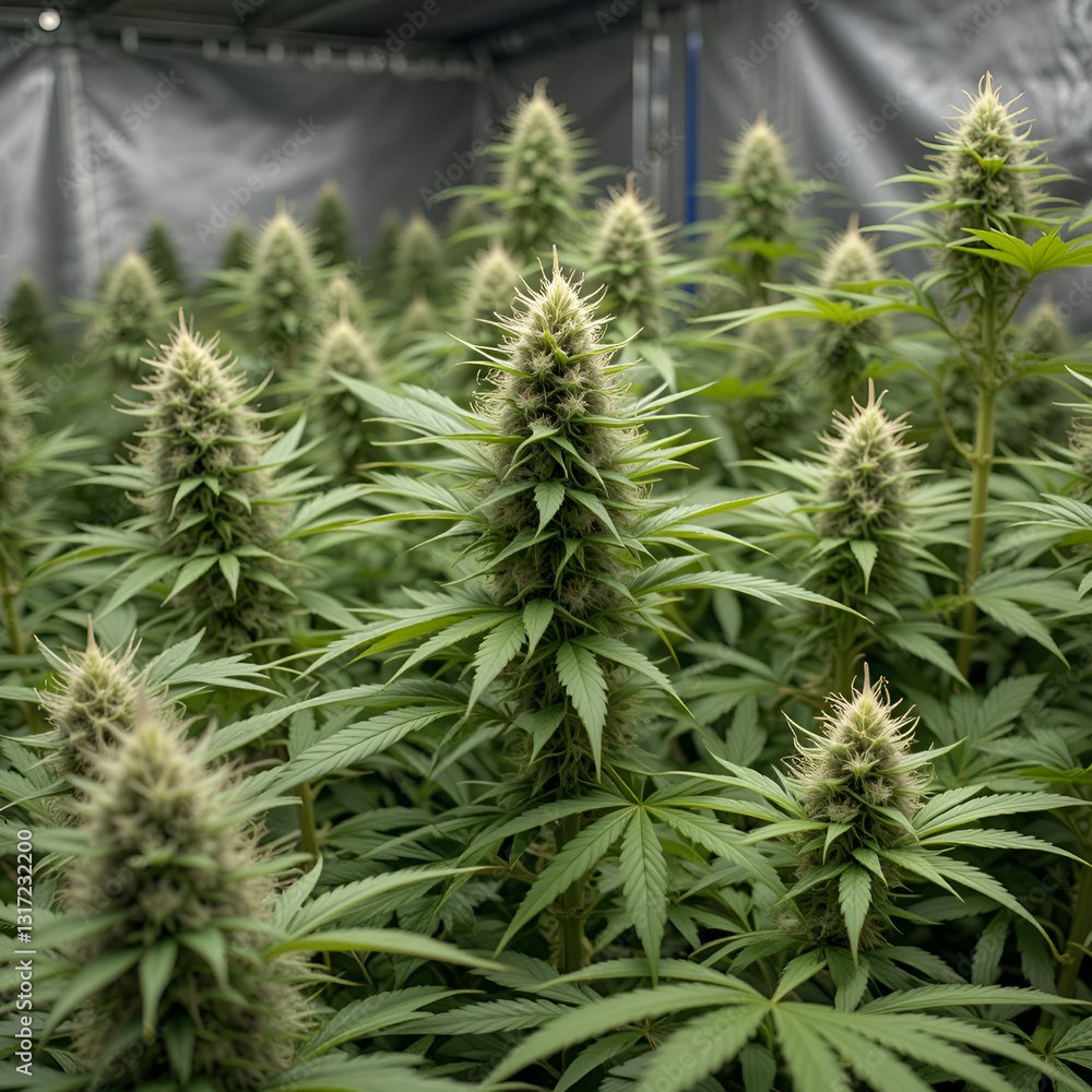 Flowering cannabis sativa or indica pot plants in an indoor growing tent. Legal grow op of medical or recreational marijuana. Flowering cannabis sativa or indica pot plants in an indoor growing tent. Legal grow op of medical or recreational marijuana.