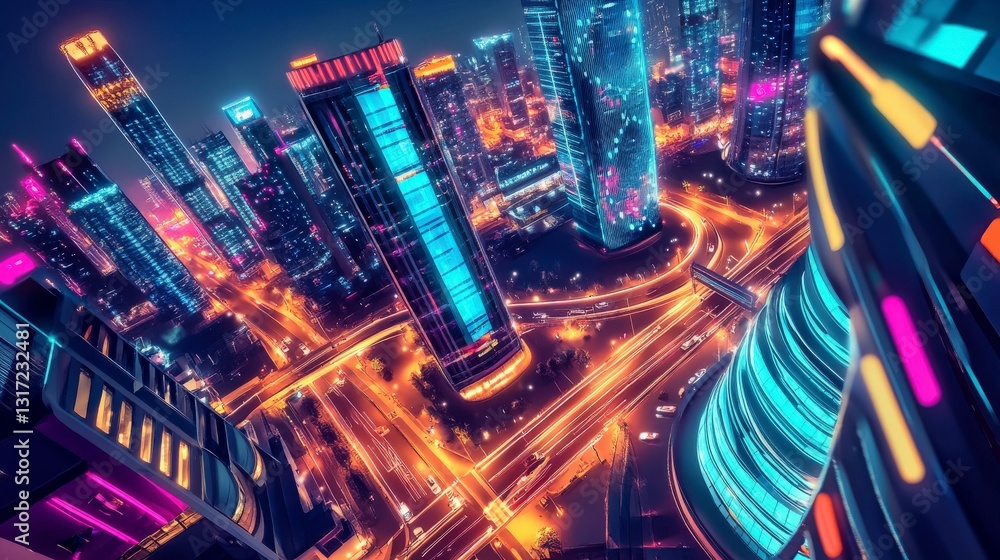 The futuristic city is seen from above, showcasing glowing streets and tall, illuminated buildings in a high-tech environment. The futuristic city is seen from above, showcasing glowing streets and tall, illuminated buildings in a high-tech environment.