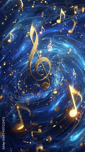 Christmas musical card. Musical notes and fir trees silver glitter texture on blue snowy background with copy space. Vertical image.