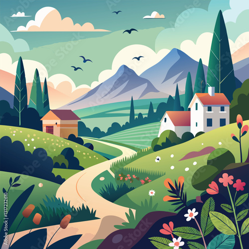 Picturesque rural farmland with a country house and colorful flowers