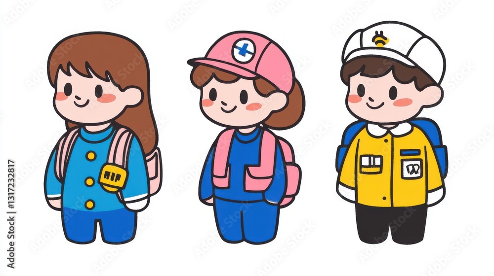 Cute Cartoon Characters in Colorful Outfits with Backpacks for Education, Teaching, and School Themes