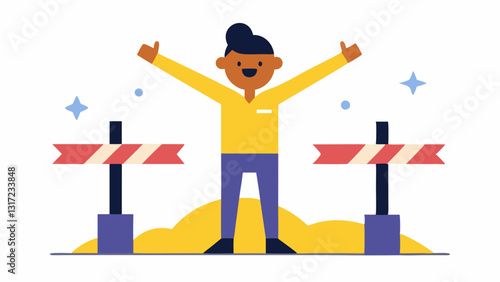 Roadblocks A person overcoming obstacles labeled fear and doubt with a triumphant expression symbolizing resilience and determination.