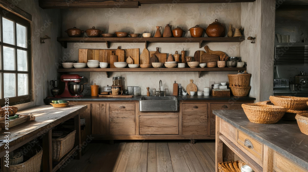 rustic kitchen with wooden shelves filled with pottery, utensils, and baskets, creating warm and inviting atmosphere rustic kitchen with wooden shelves filled with pottery, utensils, and baskets, creating warm and inviting atmosphere