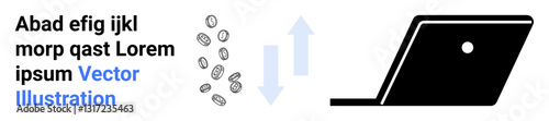 Coins moving with bidirectional arrows toward a laptop represent digital transactions, data flow, and financial exchange. Ideal for fintech, e-commerce, blockchain, and online banking. Abstract line