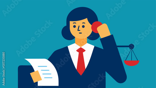 Telephone Call The lawyer is depicted on a phone call discussing elements of the case with the client nearby looking pensive and holding a paper.