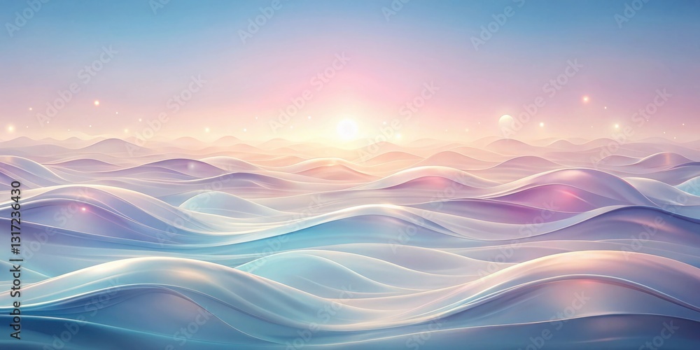 A surreal dreamscape of soft, pastel waves rolling under a luminous sky with celestial glow
