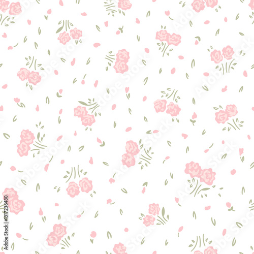Cute pastels pink small piony roses flower with green leaves seamless pattern for girl and woman dress, fashion fabric print textile. Vector illustration.ai