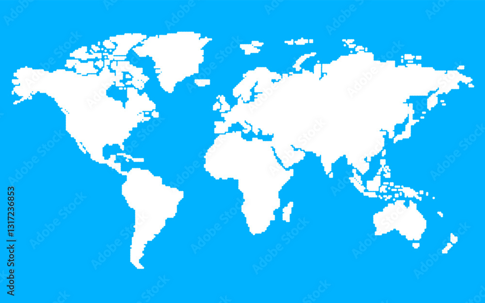 Flat dotted world map with silhouettes of continents. Global world map white blue background Flat dotted world map with silhouettes of continents. Global world map white blue background