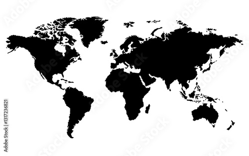 Flat world map with silhouettes of continents. Global world map black white background