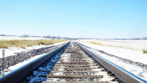 North Dakota train tracks on a sunny, bright day with a blue sky
