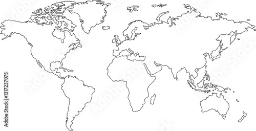 Global word map outline.World map line drawing. Hand drawn world map on white background