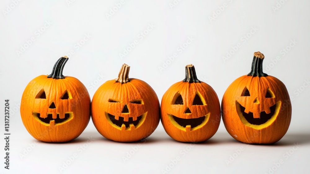 Fototapeta premium Four grinning jack o'lanterns lined up against a bright neutral background