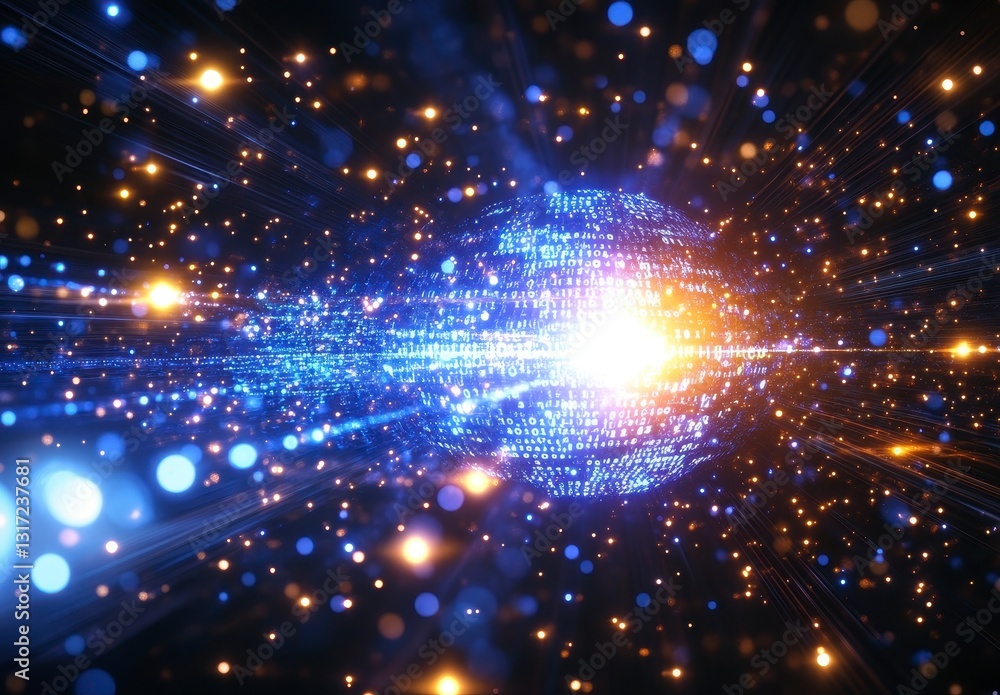 Naklejka premium Abstract Digital Energy Burst with Blue and Gold Glowing Particles