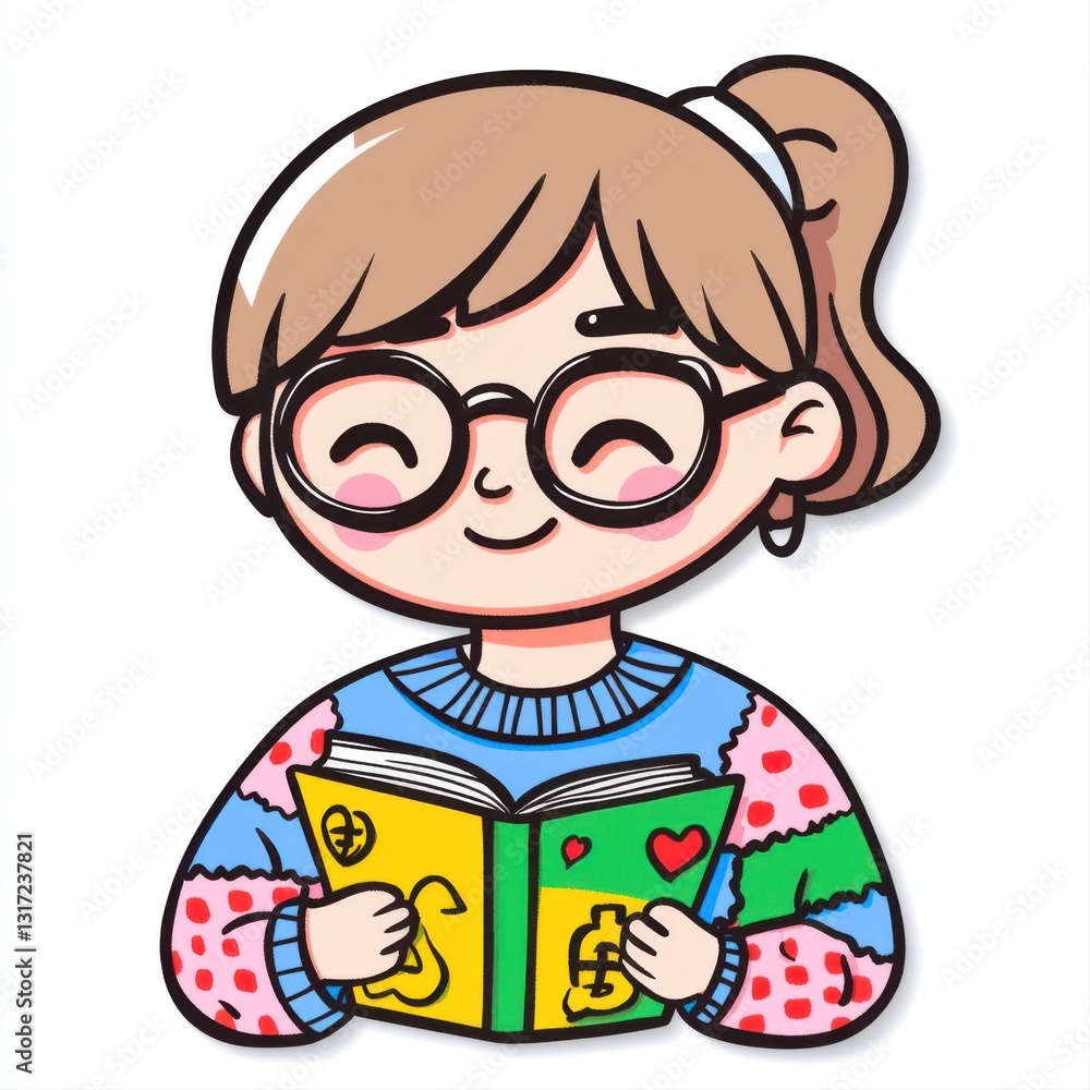 Cheerful Young Girl Reading a Colorful Book with Glasses and a Playful Sweater Design Cheerful Young Girl Reading a Colorful Book with Glasses and a Playful Sweater Design