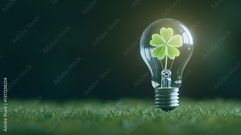 A green light bulb with a four-leaf clover inside, symbolizing eco-friendly energy, sustainability, and environmental innovation.
A green light bulb with a four-leaf clover inside, symbolizing eco-friendly energy, sustainability, and environmental innovation.
