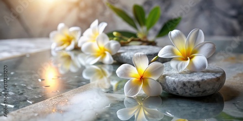 White Plumeria Flowers Resting on Smooth Grey Stones with Water Droplets and a Soft Light Reflecting on the Surface