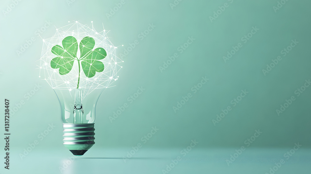A green light bulb with a four-leaf clover inside, symbolizing eco-friendly energy, sustainability, and environmental innovation.
A green light bulb with a four-leaf clover inside, symbolizing eco-friendly energy, sustainability, and environmental innovation.
