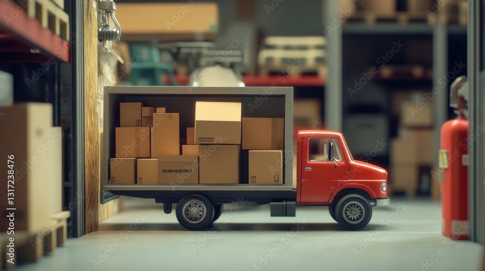 Red delivery truck loaded with cardboard boxes in a warehouse setting Red delivery truck loaded with cardboard boxes in a warehouse setting